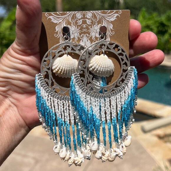 Handmade Beaded Large Long Tassel Fringe Dangle Drop Mermaid Post Shell Earrings - Picture 3 of 9